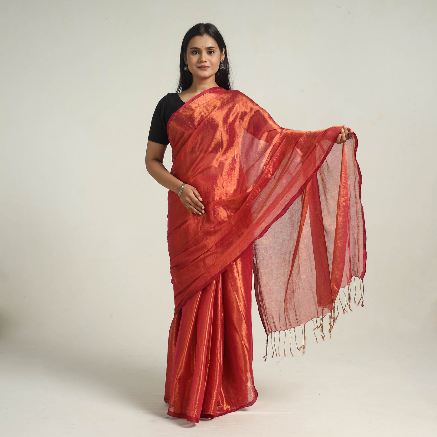 Red - Bengal Fine Tissue Zari Saree 02