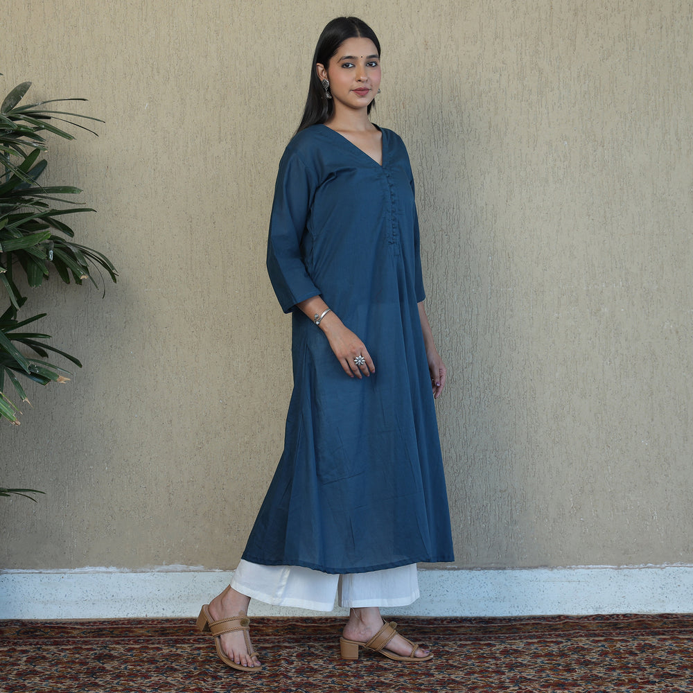 Blue - Mulmalai Cotton Plain Dyed A-Line Kurta