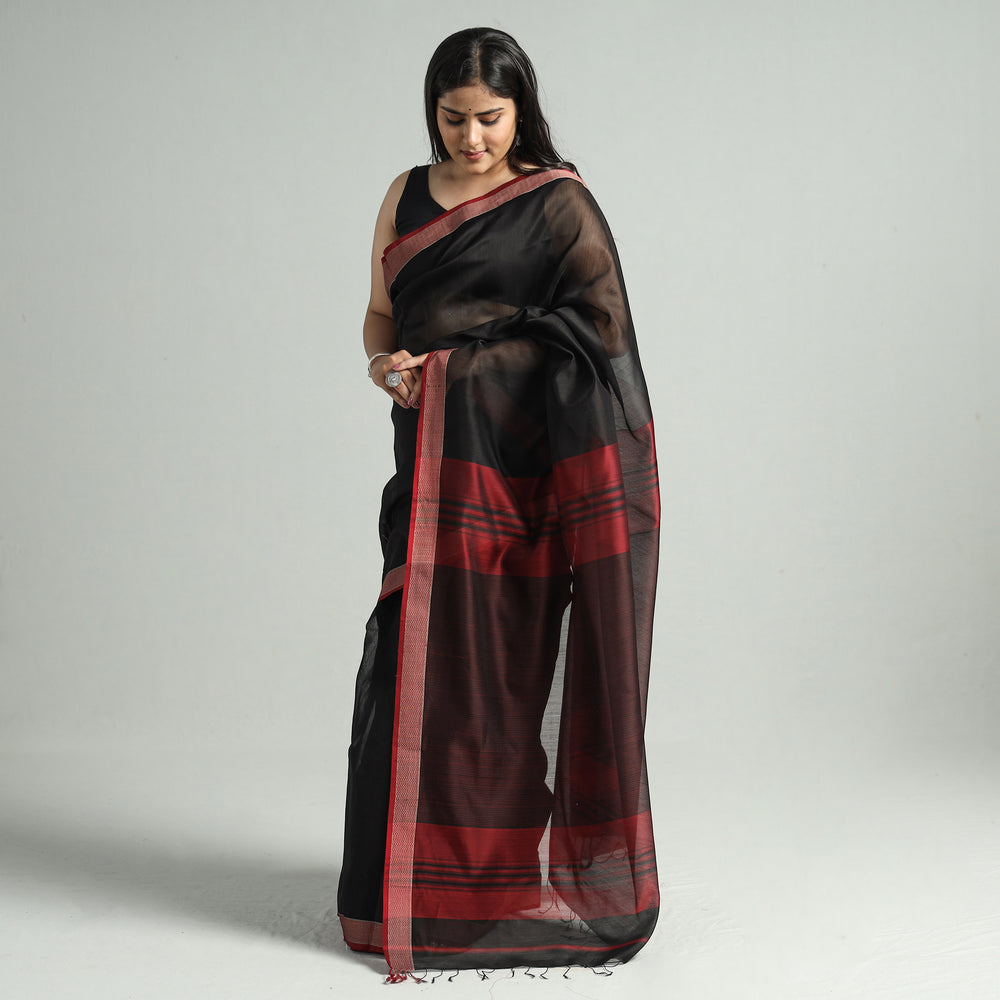 Black - Traditional Maheshwari Silk Cotton Handloom Saree with Thread Border 59