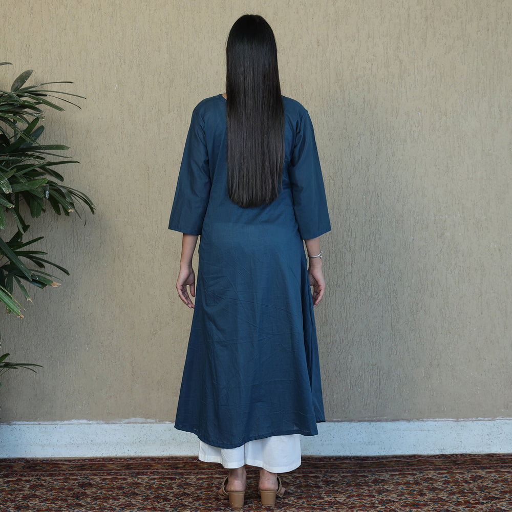 Blue - Mulmalai Cotton Plain Dyed A-Line Kurta