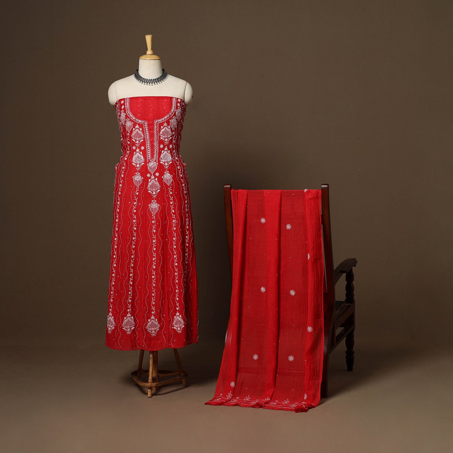 Red - 2pc mul chanderi semi stitched hand beads work