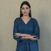 Blue - Mulmalai Cotton Plain Dyed A-Line Kurta