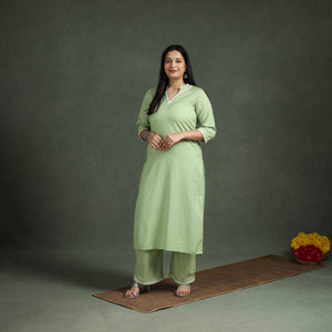 Green - Plain Banana Fiber Soft Cotton Bead Work Straight Kurta with Palazzo Set for women 02