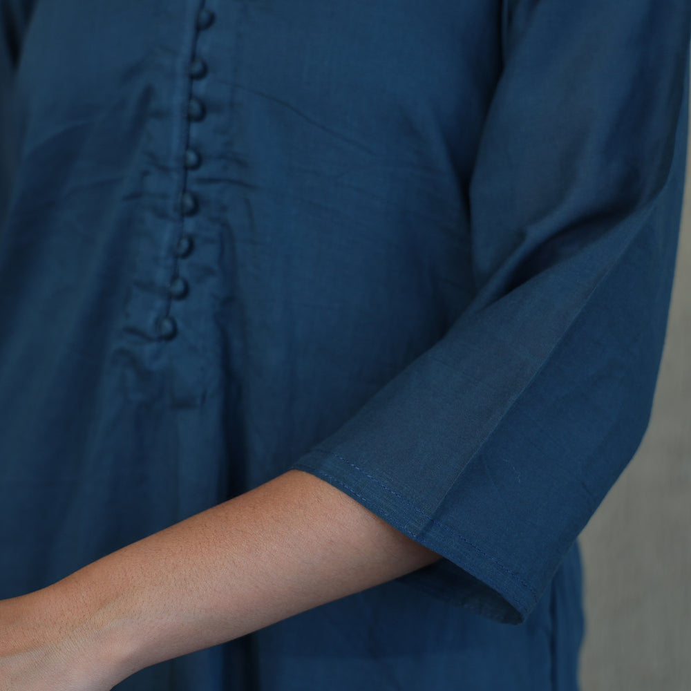 Blue - Mulmalai Cotton Plain Dyed A-Line Kurta