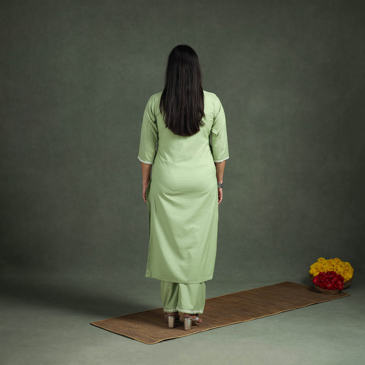 Green - Plain Banana Fiber Soft Cotton Bead Work Straight Kurta with Palazzo Set for women 02
