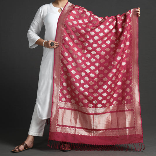 Pink - Pure Banarasi Handwoven Katan Silk Gold & Silver Zari Meena Buti Dupatta