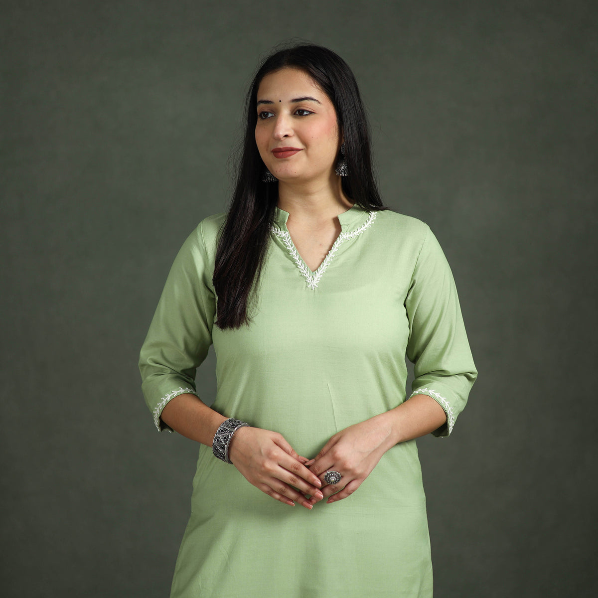 Green - Plain Banana Fiber Soft Cotton Bead Work Straight Kurta with Palazzo Set for women 02