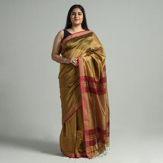 Brown - Traditional Maheshwari Silk Cotton Handloom Saree with Thread Border 60
