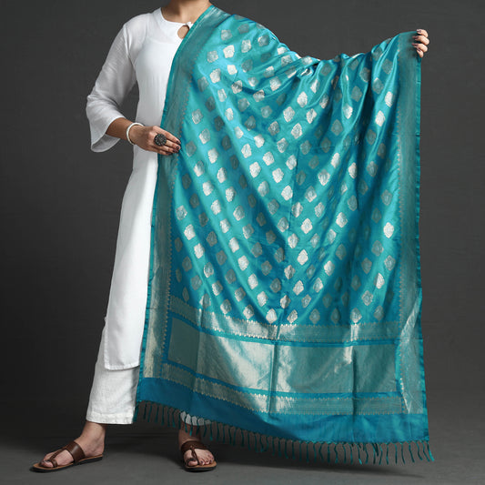 Blue - Pure Banarasi Katan Silk Handwoven Gold & Silver Zari Meena Buti Dupatta