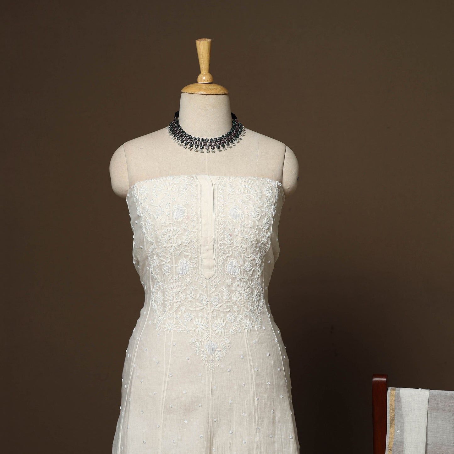 White - 2pc mul chanderi semi stitched hand beads work