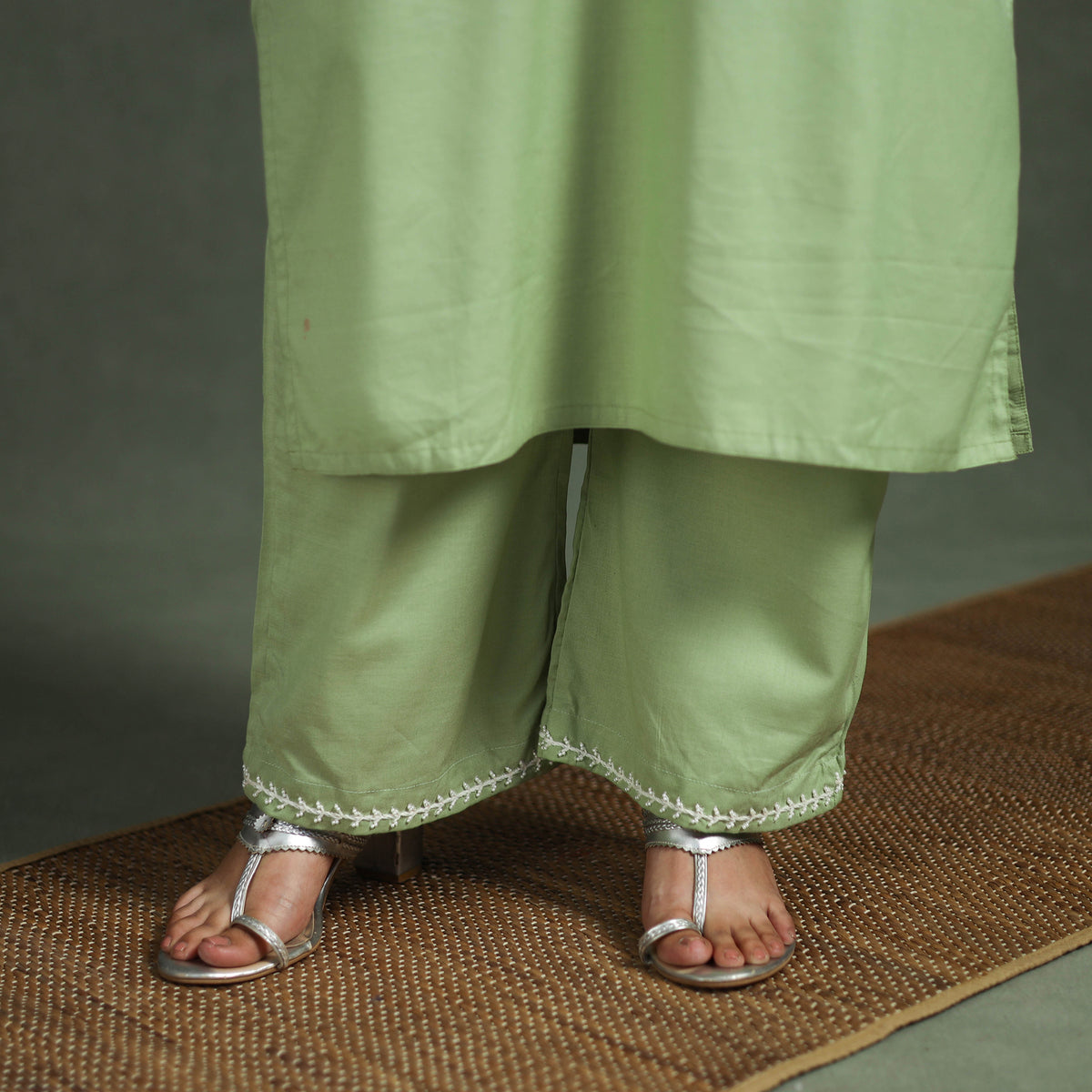 Green - Plain Banana Fiber Soft Cotton Bead Work Straight Kurta with Palazzo Set for women 02