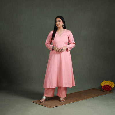 Plain Banana Fiber Soft Cotton Bead Work A-Line Kurta with Palazzo Set for women 10