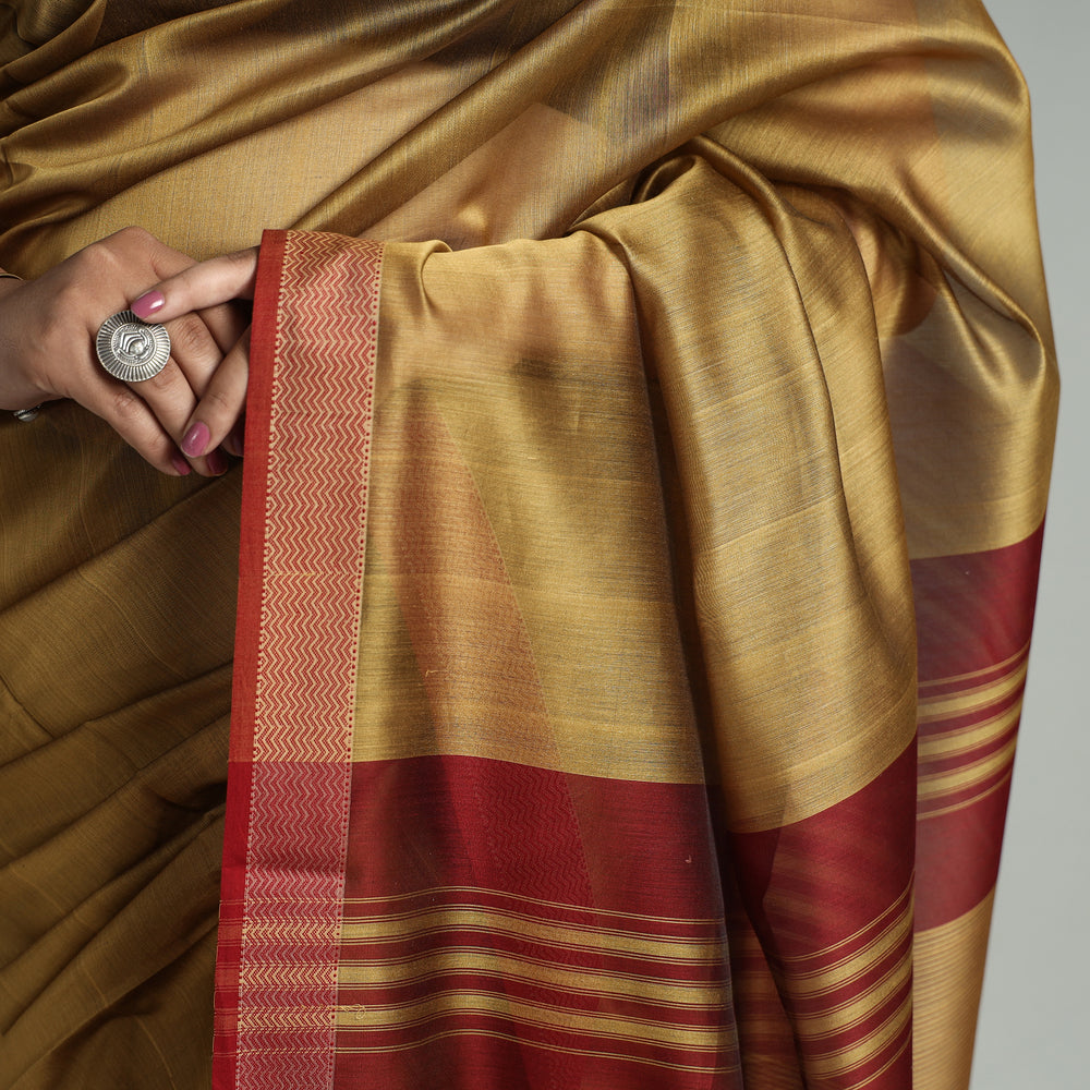 Brown - Traditional Maheshwari Silk Cotton Handloom Saree with Thread Border 60