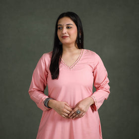Plain Banana Fiber Soft Cotton Bead Work A-Line Kurta with Palazzo Set for women 10