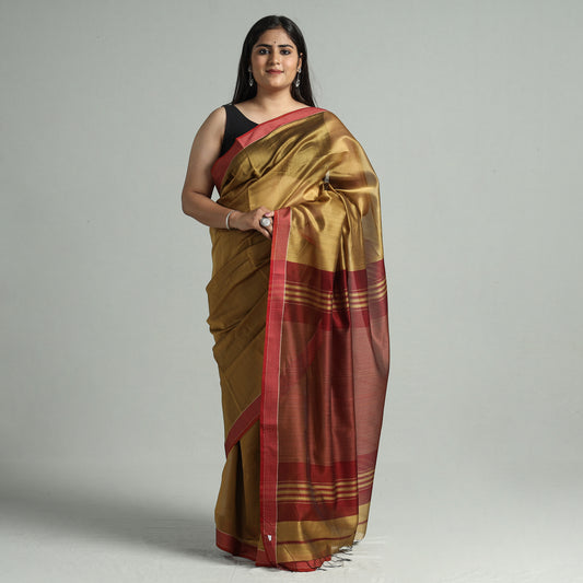 Brown - Traditional Maheshwari Silk Cotton Handloom Saree with Thread Border 61