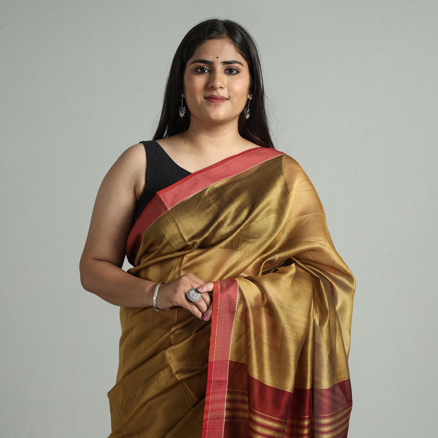 Brown - Traditional Maheshwari Silk Cotton Handloom Saree with Thread Border 61