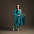 Blue - Hand Embroidered Pochampally Ikat Cotton Kurta with Palazzo & Dupatta Suit Set for Women 04