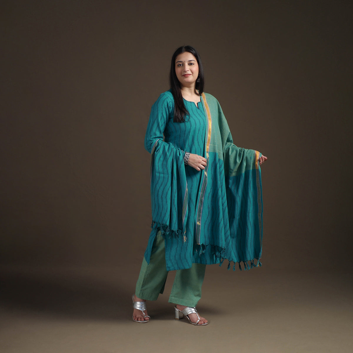 Blue - Hand Embroidered Pochampally Ikat Cotton Kurta with Palazzo & Dupatta Suit Set for Women 04