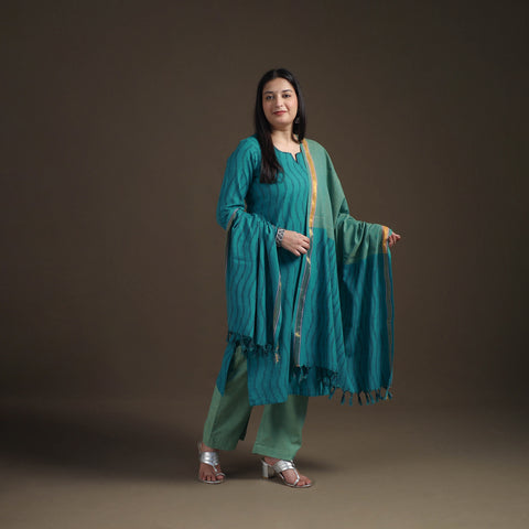 Hand Embroidered Pochampally Ikat Cotton Kurta with Palazzo & Dupatta Suit Set for Women 04