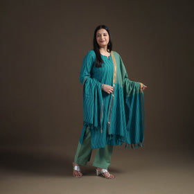 Blue - Hand Embroidered Pochampally Ikat Cotton Kurta with Palazzo & Dupatta Suit Set for Women 04