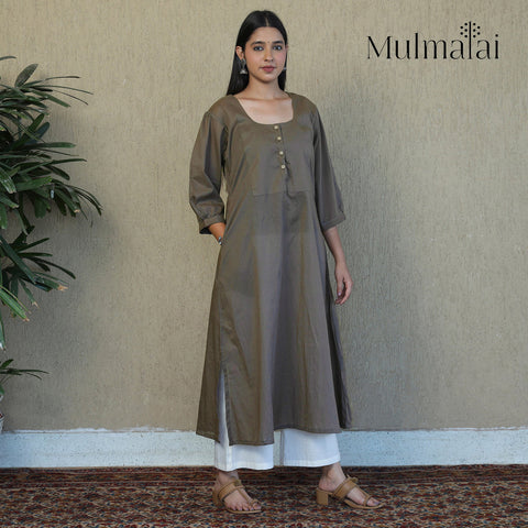 Light Brown - Mulmalai Cotton Plain Dyed A-Line Kurta