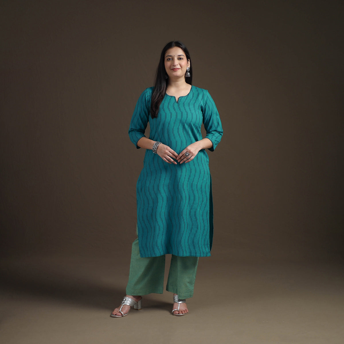 Blue - Hand Embroidered Pochampally Ikat Cotton Kurta with Palazzo & Dupatta Suit Set for Women 04