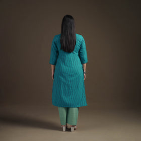 Blue - Hand Embroidered Pochampally Ikat Cotton Kurta with Palazzo & Dupatta Suit Set for Women 04
