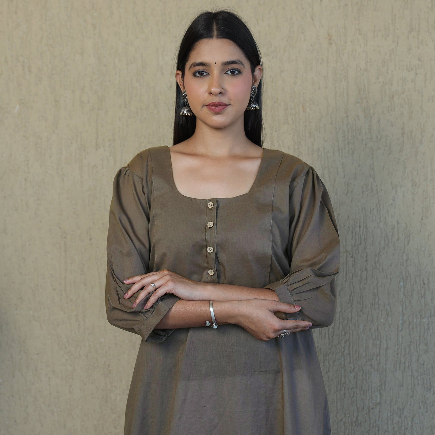 Light Brown - Mulmalai Cotton Plain Dyed A-Line Kurta