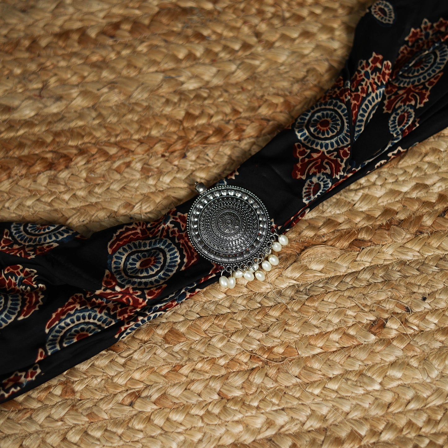 Ajrakh Hand Block Print Natural Dyed Modal Silk Brooch Scarf 29