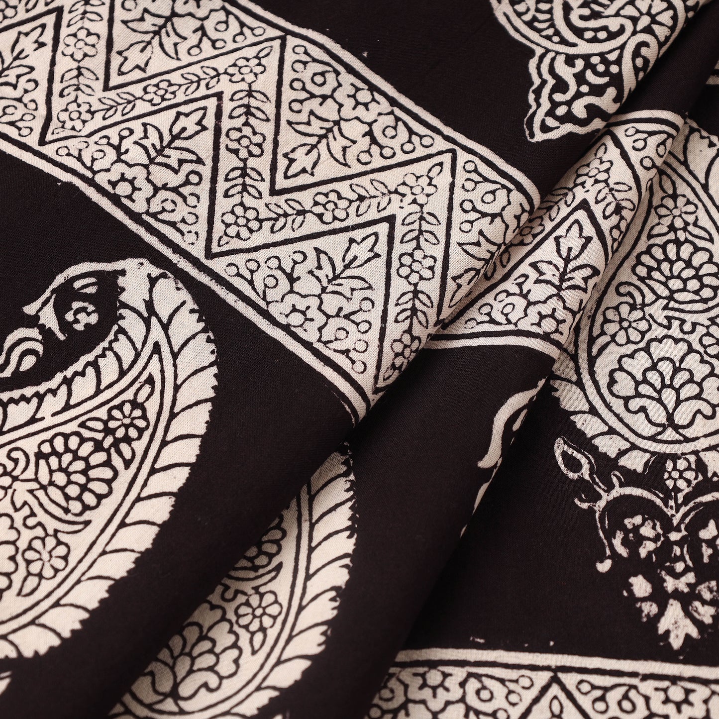 Black Bagh Block Print Kantha Work Natural Dyed Cotton Fabric