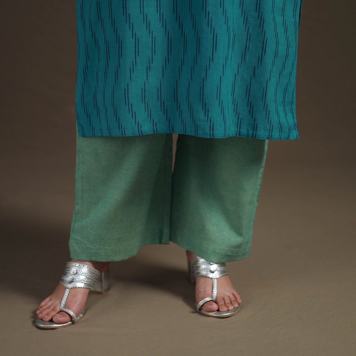 Blue - Hand Embroidered Pochampally Ikat Cotton Kurta with Palazzo & Dupatta Suit Set for Women 04