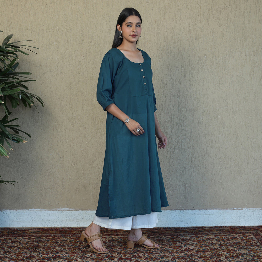 Blue - Mulmalai Cotton Plain Dyed A-Line Kurta