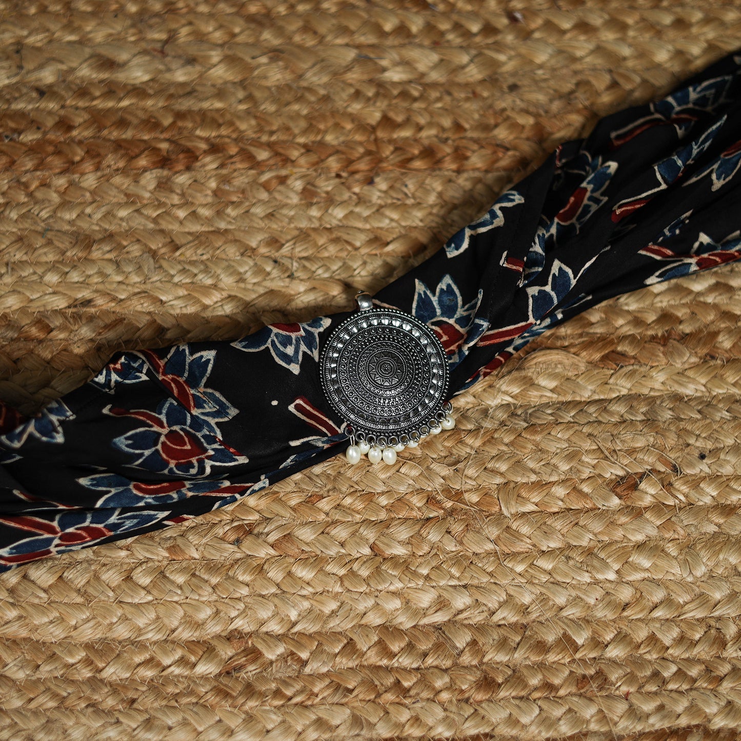 Ajrakh Hand Block Print Natural Dyed Modal Silk Brooch Scarf 31