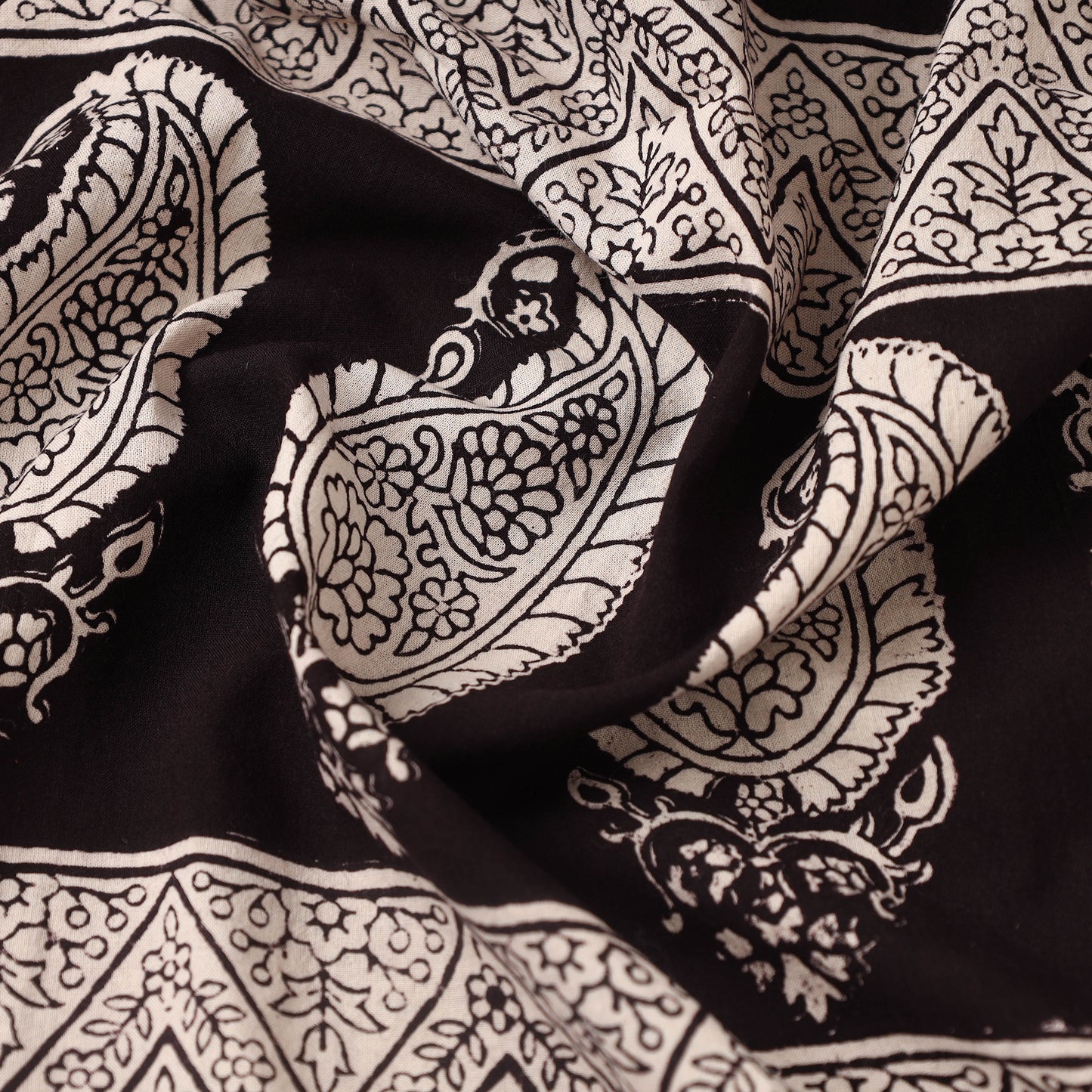 Black Bagh Block Print Kantha Work Natural Dyed Cotton Fabric