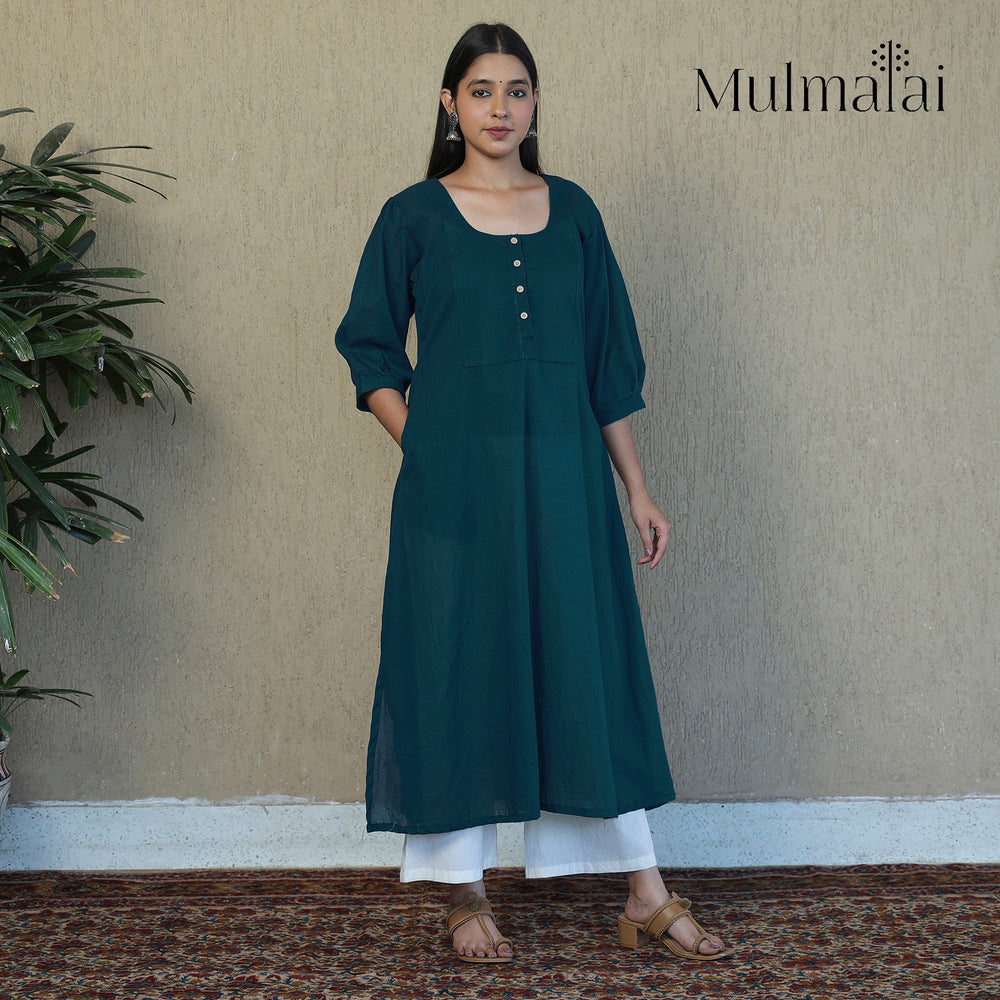 Blue - Mulmalai Cotton Plain Dyed A-Line Kurta