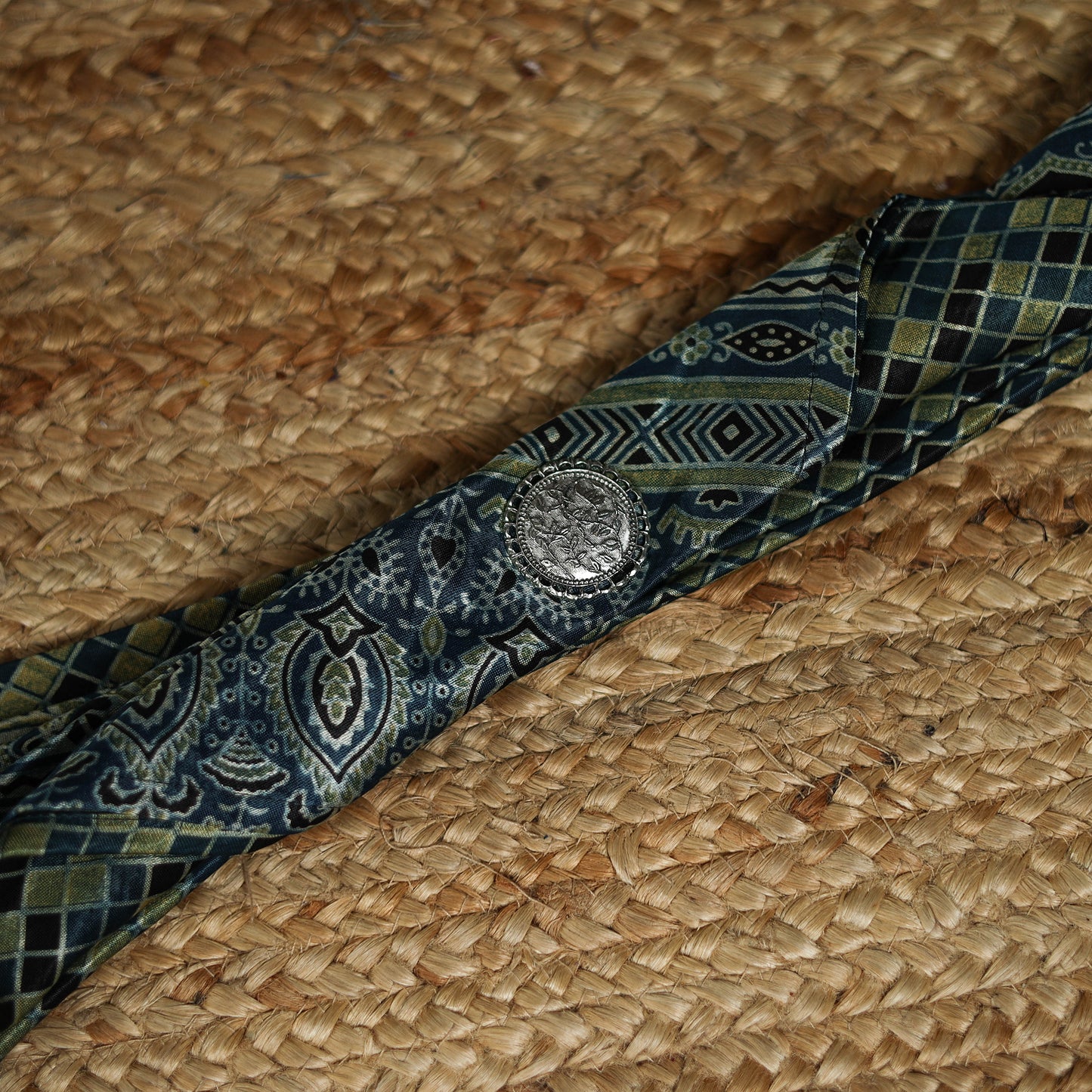 Ajrakh Hand Block Print Natural Dyed Modal Silk Brooch Scarf 34