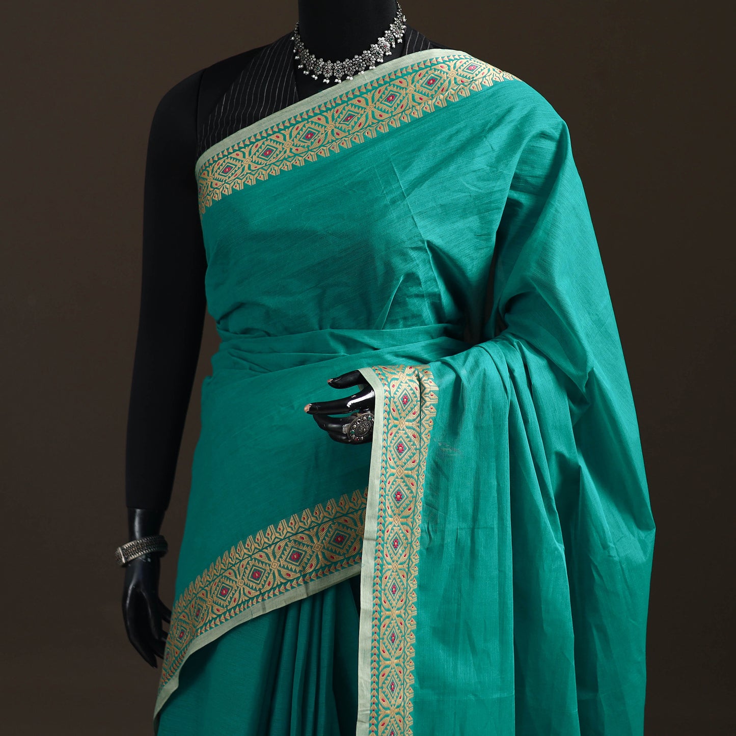 Green - Chettinad Woven Cotton Saree with Border 07