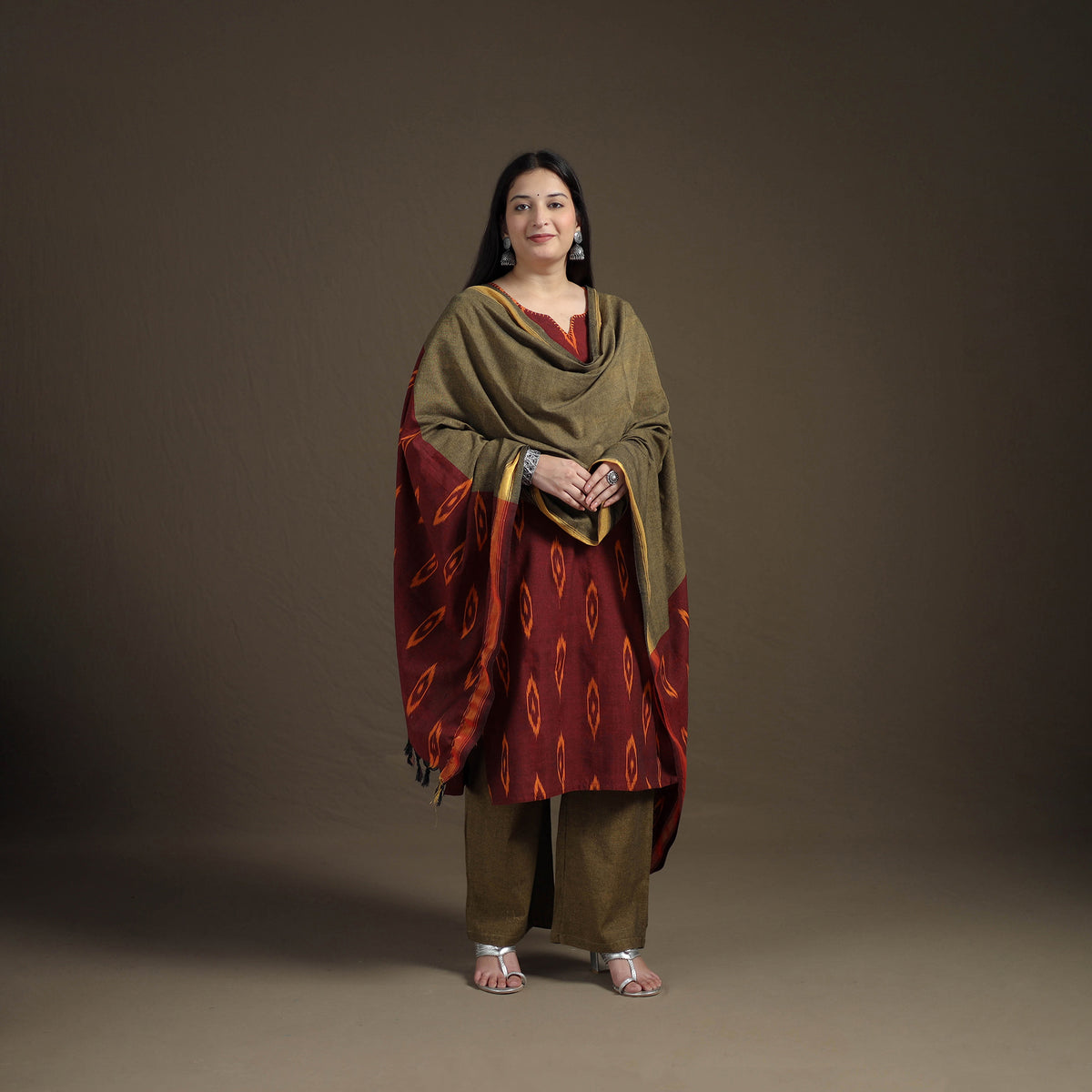 Hand Embroidered Pochampally Ikat Cotton Kurta with Palazzo & Dupatta Suit Set for Women 01