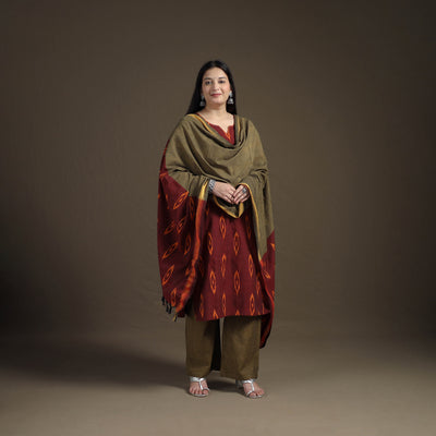 Hand Embroidered Pochampally Ikat Cotton Kurta with Palazzo & Dupatta Suit Set for Women 01