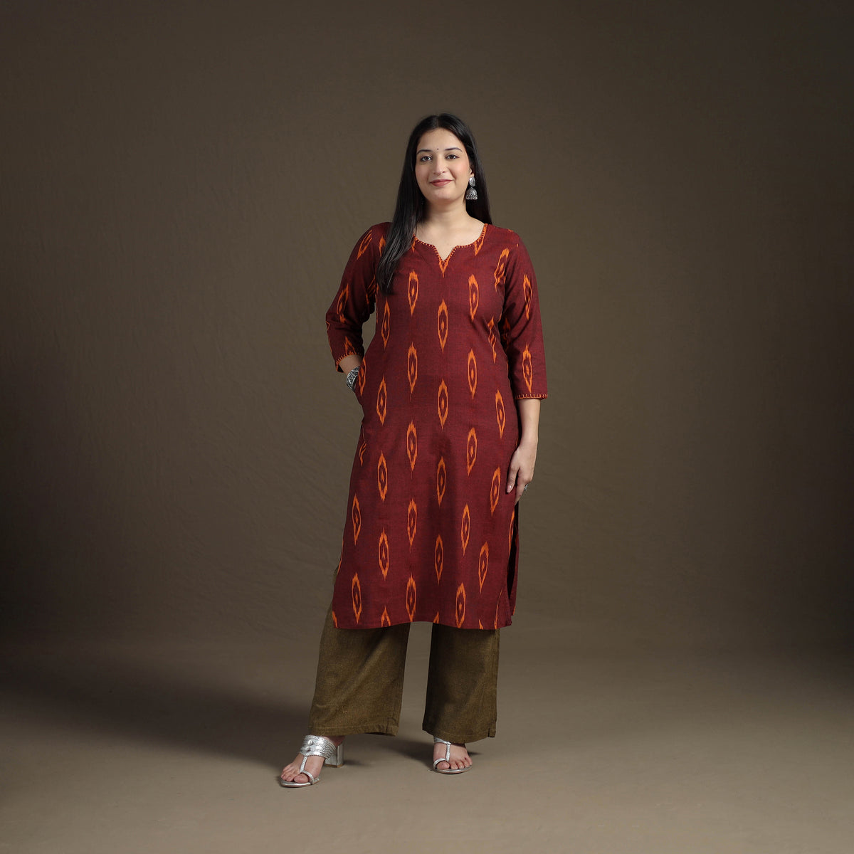 Hand Embroidered Pochampally Ikat Cotton Kurta with Palazzo & Dupatta Suit Set for Women 01