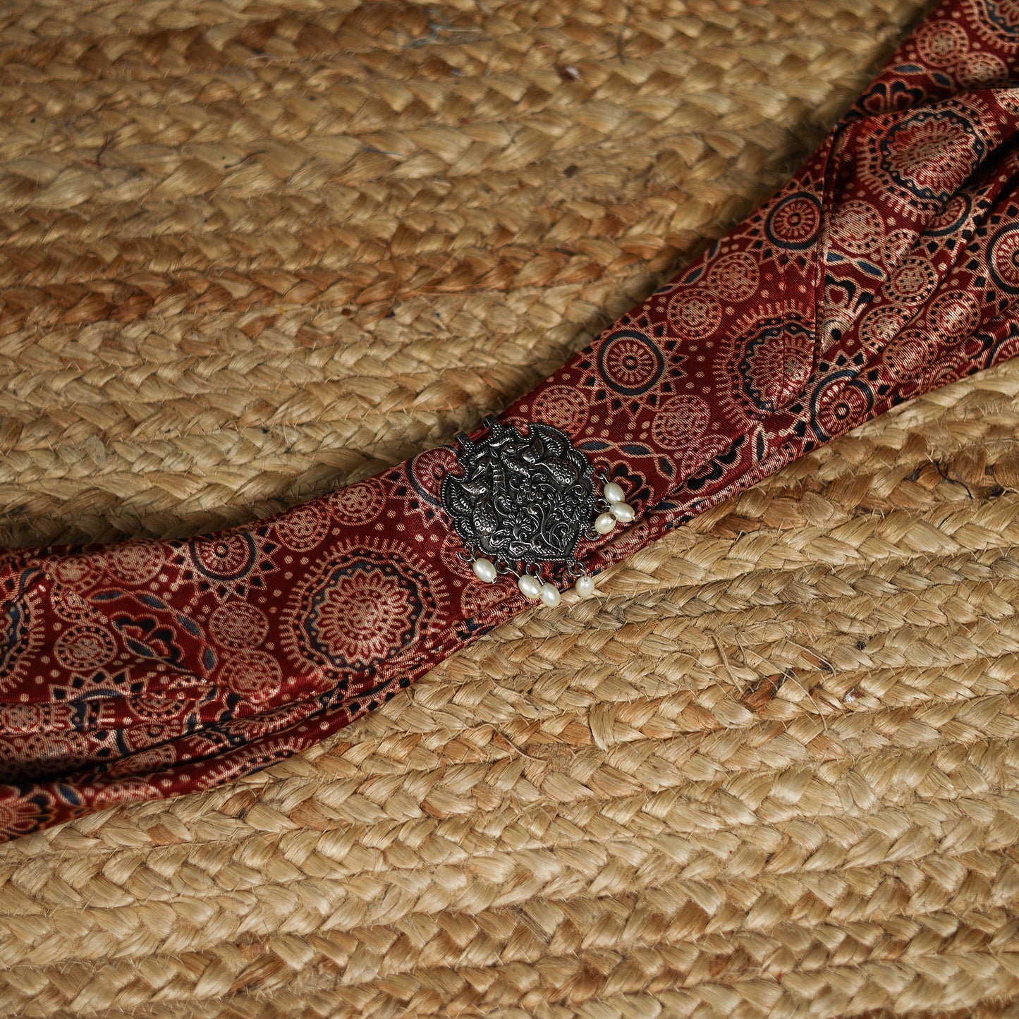Ajrakh Hand Block Print Natural Dyed Modal Silk Brooch Scarf 36