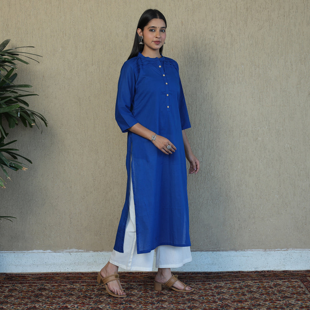 Blue - Mulmalai Cotton Plain Dyed Straight Kurta