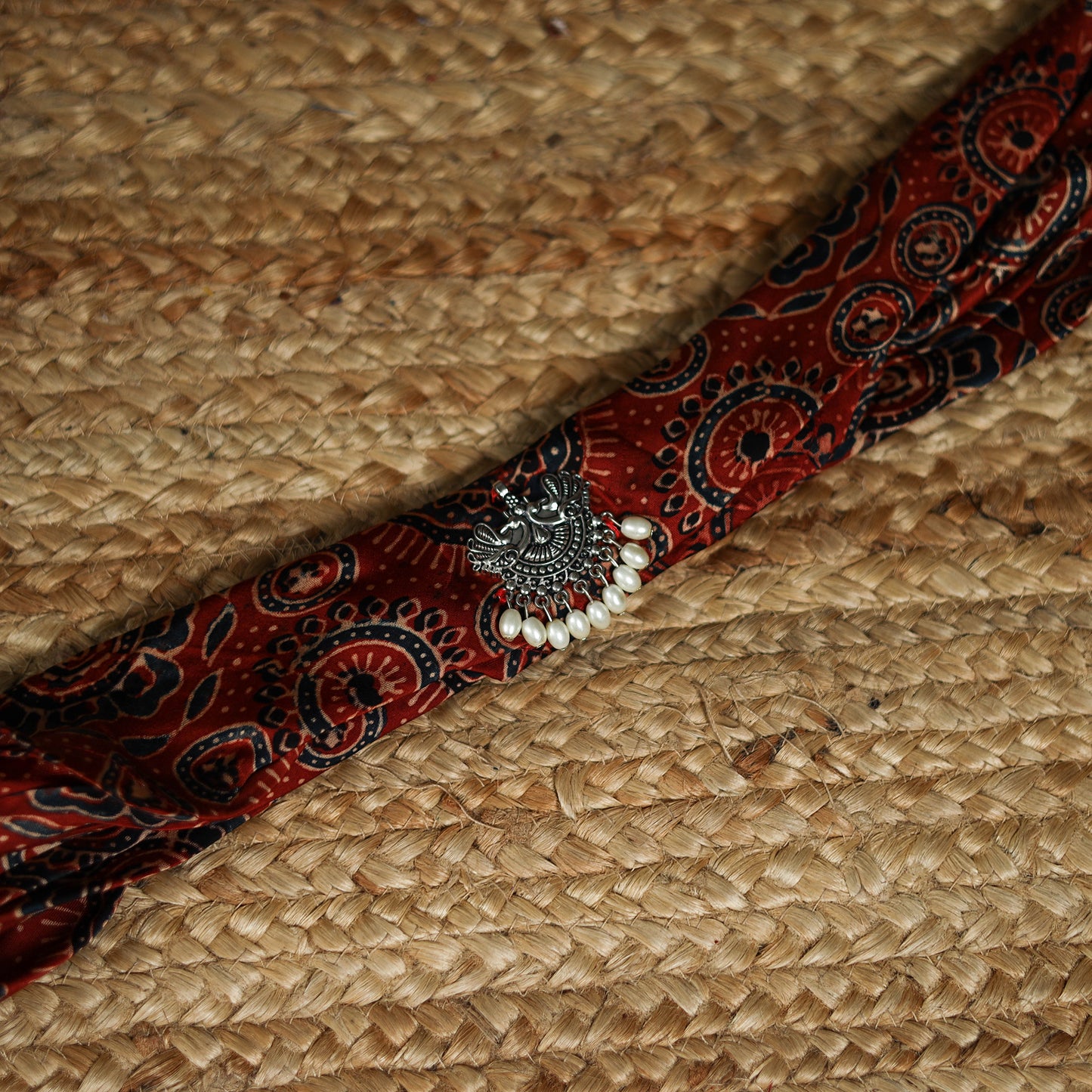 Ajrakh Hand Block Print Natural Dyed Modal Silk Brooch Scarf 38