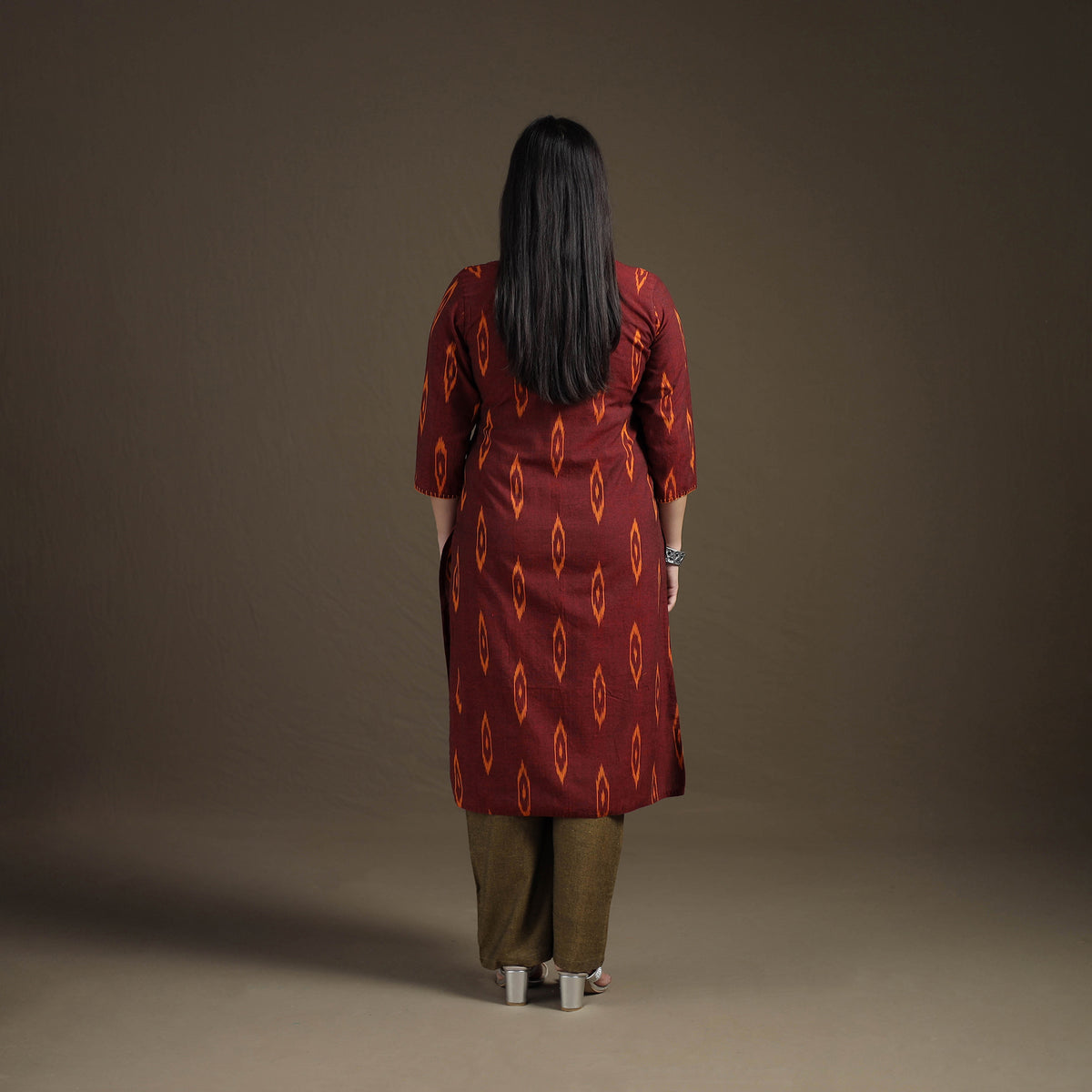Hand Embroidered Pochampally Ikat Cotton Kurta with Palazzo & Dupatta Suit Set for Women 01