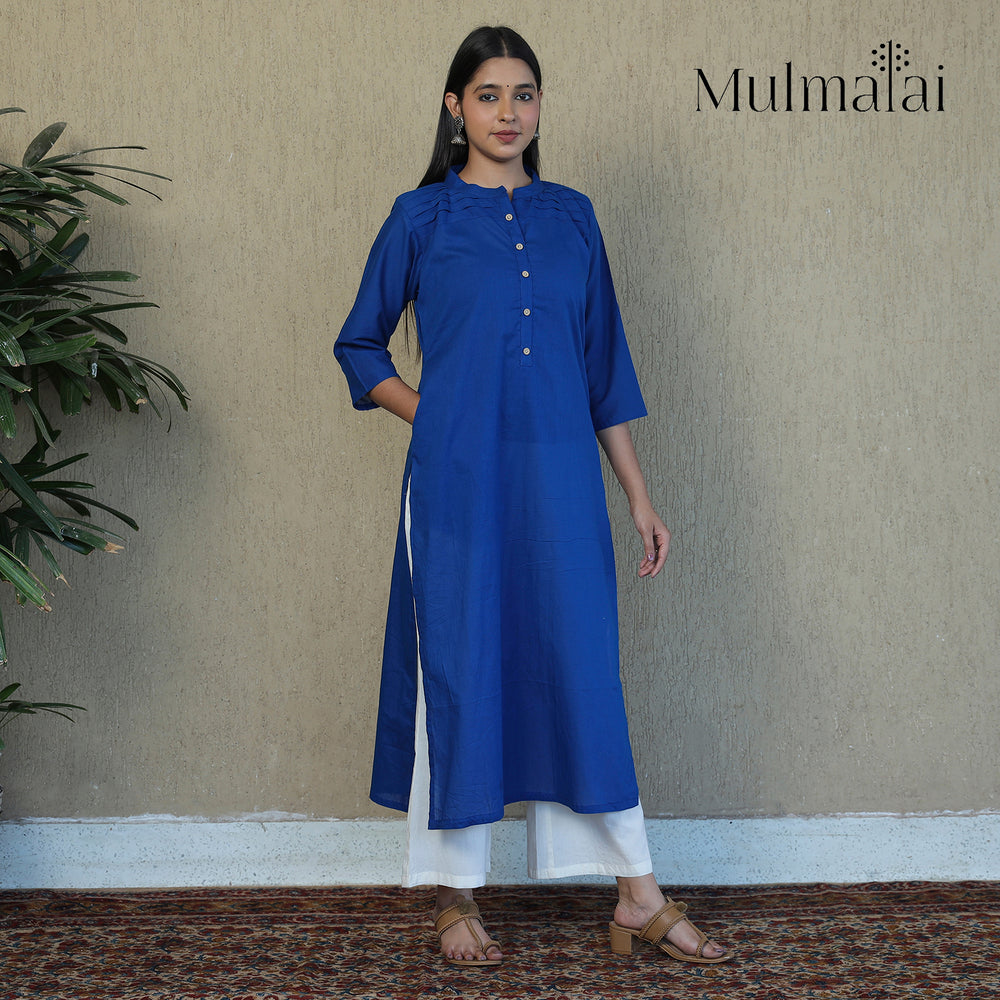 Blue - Mulmalai Cotton Plain Dyed Straight Kurta