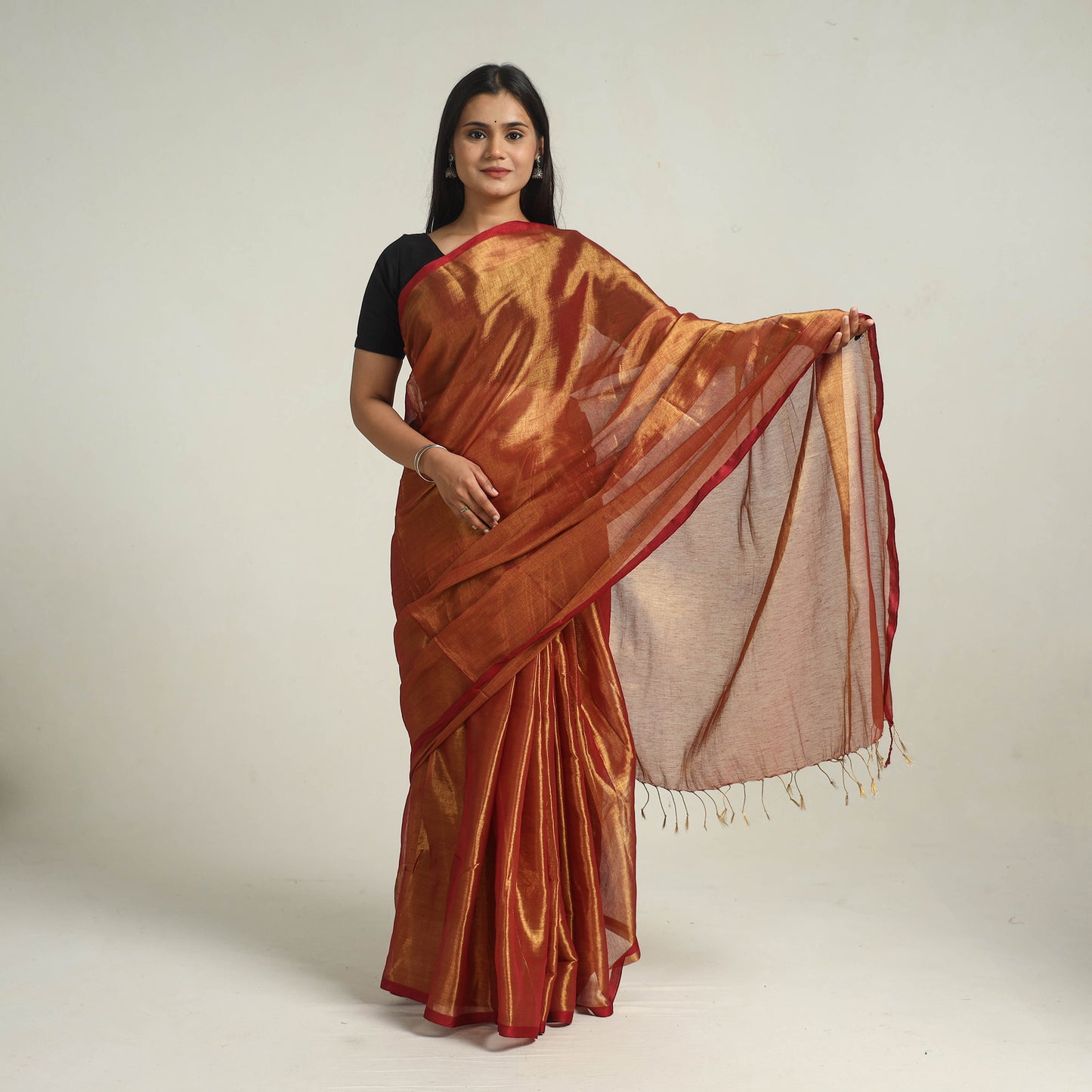 Red - Bengal Fine Tissue Zari Saree 07