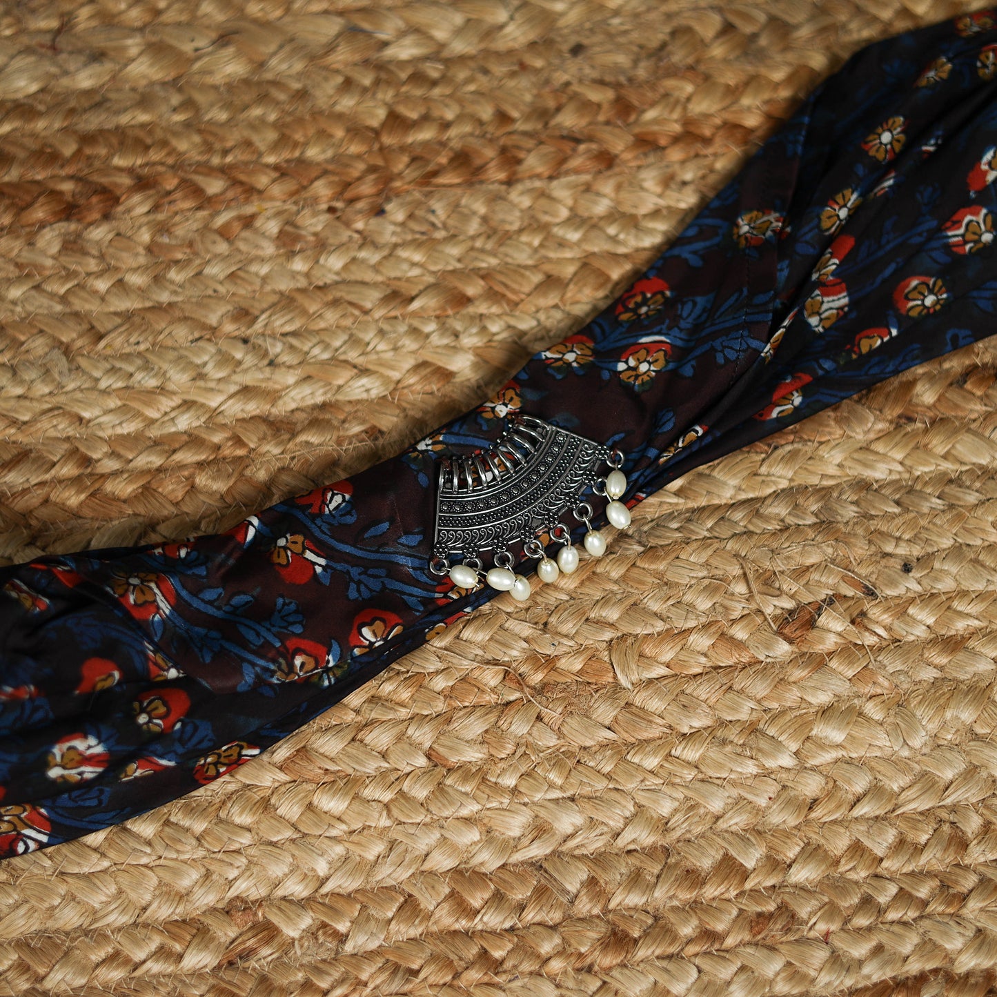 Ajrakh Hand Block Print Natural Dyed Modal Silk Brooch Scarf 39