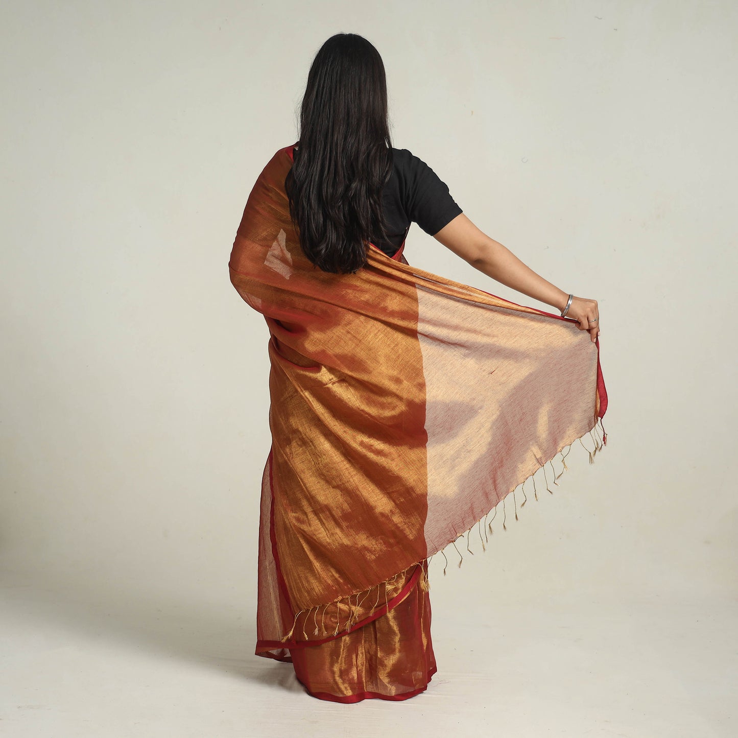 Red - Bengal Fine Tissue Zari Saree 07