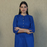 Blue - Mulmalai Cotton Plain Dyed Straight Kurta