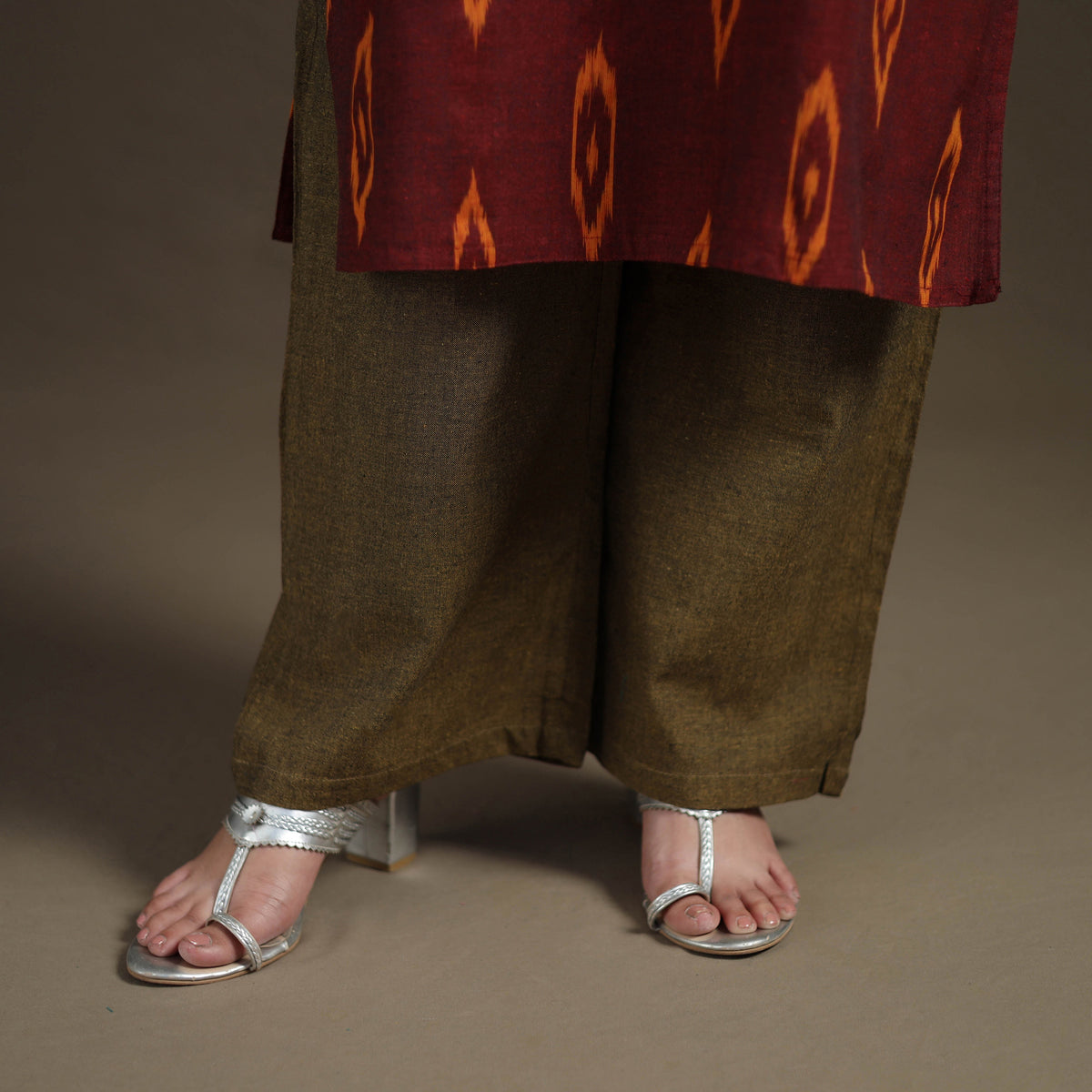 Hand Embroidered Pochampally Ikat Cotton Kurta with Palazzo & Dupatta Suit Set for Women 01